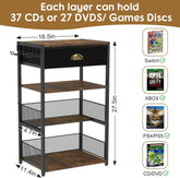 4-Tier AV Media Stand with Drawer, Video Game Console Shelf with 2 Hooks, Audio Rack Tower Perfect for/Xbox/ PS5/Switch/Game Consoles/DVD/Record Player/Projector/Sky Box/TV Accessories